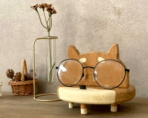 メガネスタンド 犬ベンチ 小物置き アクセサリートレイ 木製 メガネ