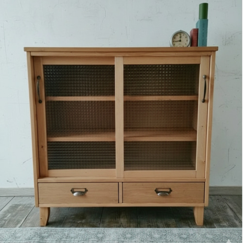 サイドボード キャビネット スライドドア 引き戸チェッカーガラス