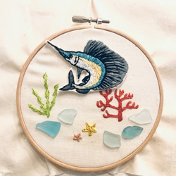 サバの刺繍キーホルダー 魚の刺繍 魚のキーホルダー キーリング