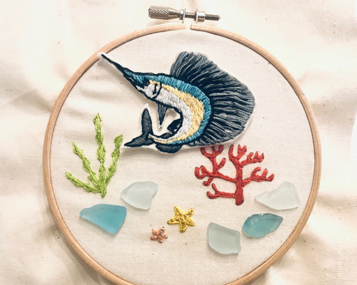 ワイルドカジキの刺繍ワッペン ブローチ オーダー品 キーホルダー 海の