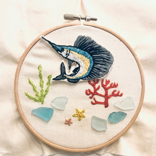 ワイルドカジキの刺繍ワッペン ブローチ オーダー品 キーホルダー 海の 