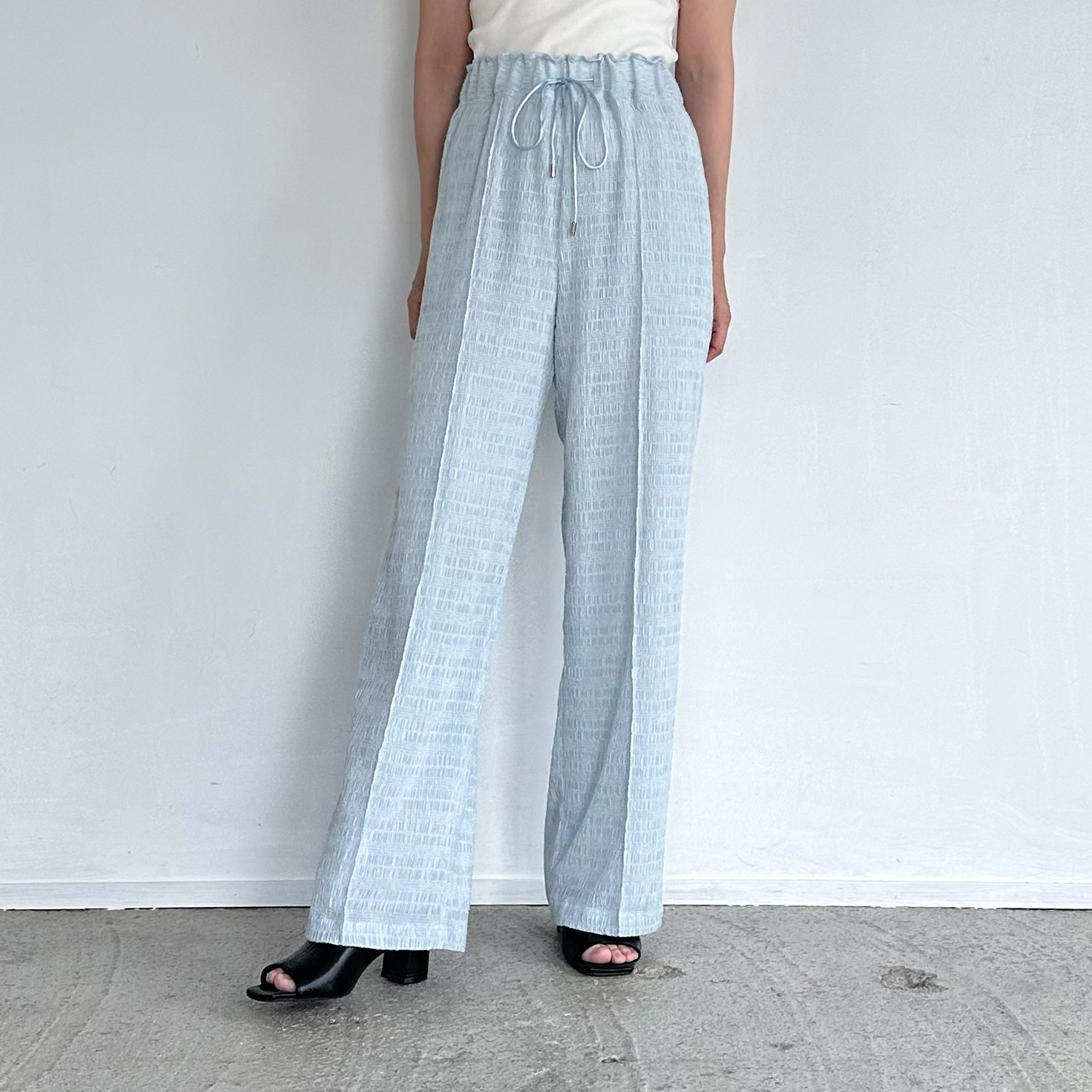 シャーリングイージーパンツ【グレイッシュブルー】裏地ポケット付きゴムウエストで楽ちん