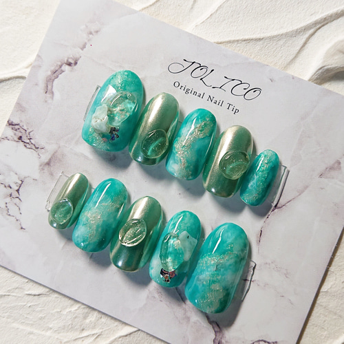 JOLICO✽NAIL グリーンゴールドミラー×ニュアンスネイル ネイルチップ  