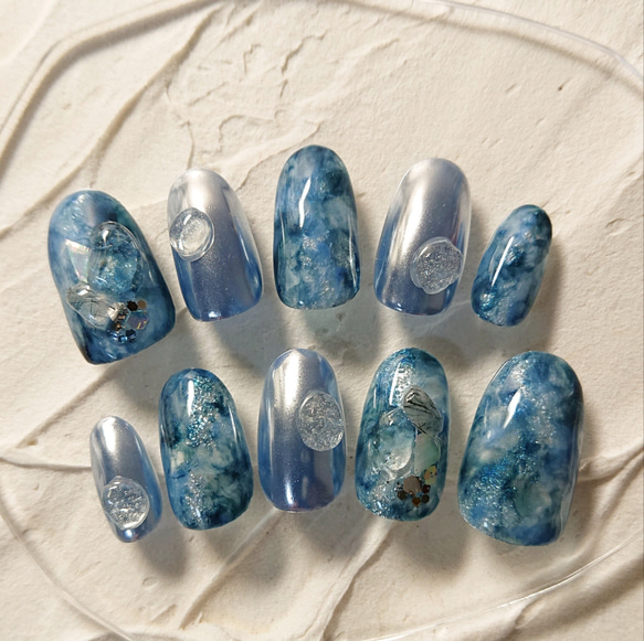 ネイルチップ ブルー ニュアンス シルバー 青 オーダーネイル 大人 キラキラ ID コスメ・美容 ネイルチップオーダー ニュアンス ブルー シルバー