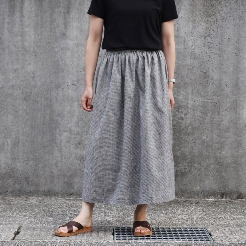 【播州織】綿麻 ギャザースカート（ 千鳥格子 ）リネン 麻 ロング マキシ ポケット 麻 グレー