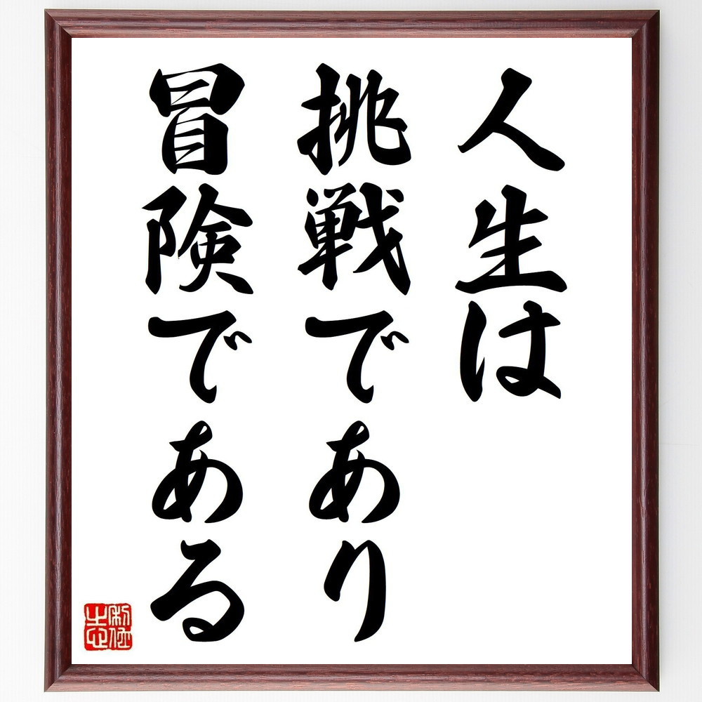 名言「人生は挑戦であり、冒険である」手書き書道色紙額／受注後の毛筆直筆（V3798）