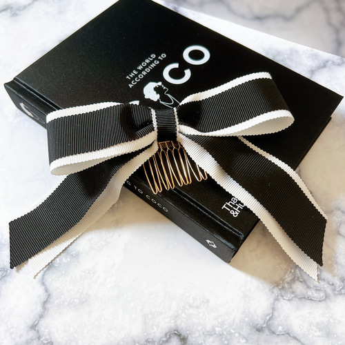 高級グログランリボン ブラック＆ホワイト ポニーテールリボン コーム