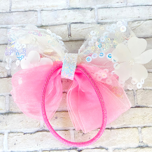 クリアチュールリボン（狐花タッセル/ピンク）for キッズ ヘアゴム