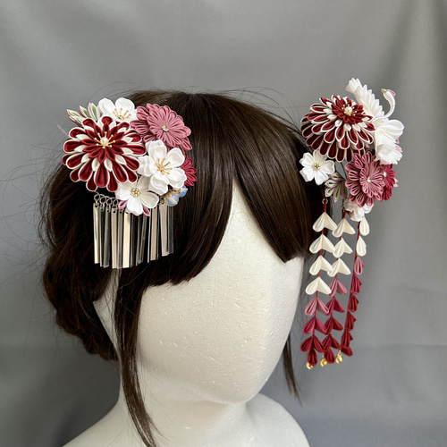 つまみ細工かんざしセット 吉祥鶴 紅色 エンジ 臙脂 赤 くすみピンク