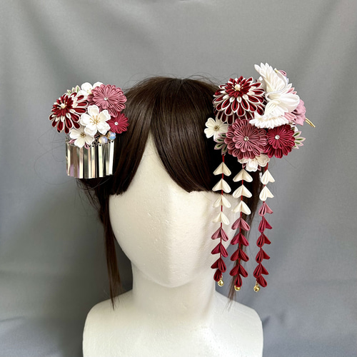 つまみ細工かんざしセット 吉祥鶴 紅色 エンジ 臙脂 赤 くすみピンク