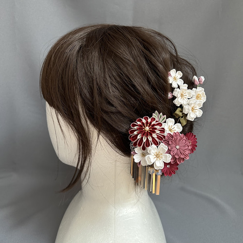 つまみ細工かんざしセット 吉祥鶴 紅色 エンジ 臙脂 赤 くすみピンク