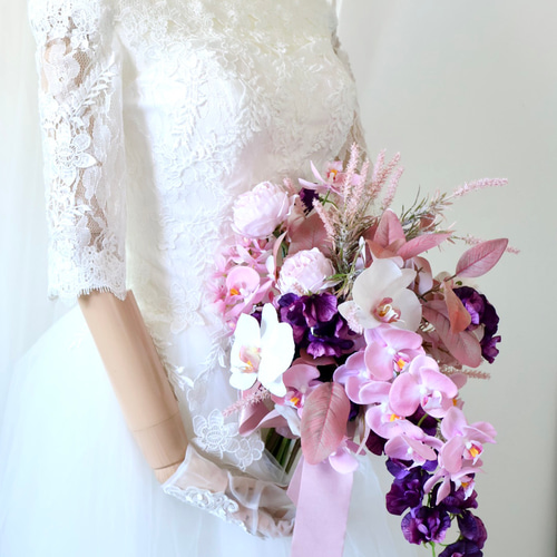 結婚式43*30cmブーケ2点セット(新郎ブートニア付) 造花胡蝶蘭の
