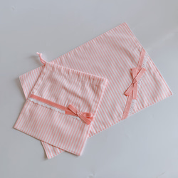 ランチョンマット＋巾着セット　ピンク×ストライプ 1枚目の画像