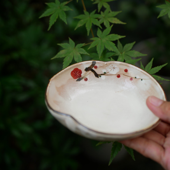 京焼・清水焼　瓢箪型　小鉢　紅白梅 1枚目の画像