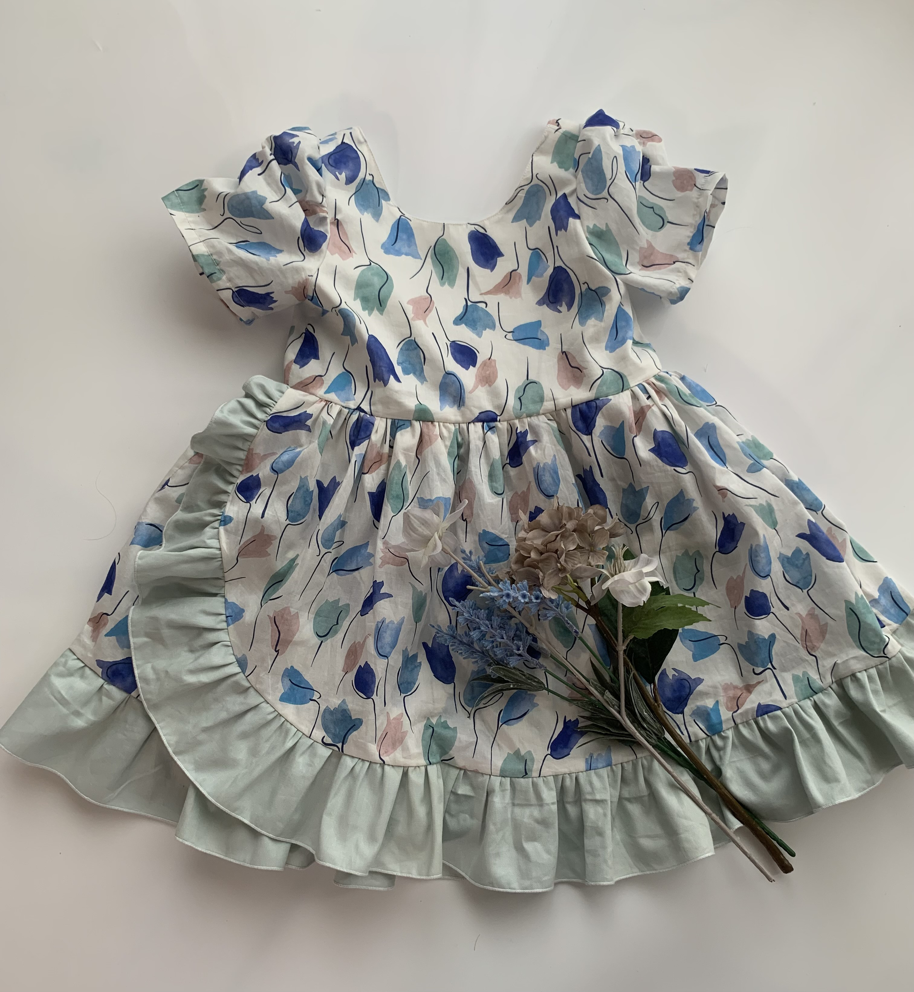 80-150cm リバティチューリップシャドー クラシック背中あきワンピース