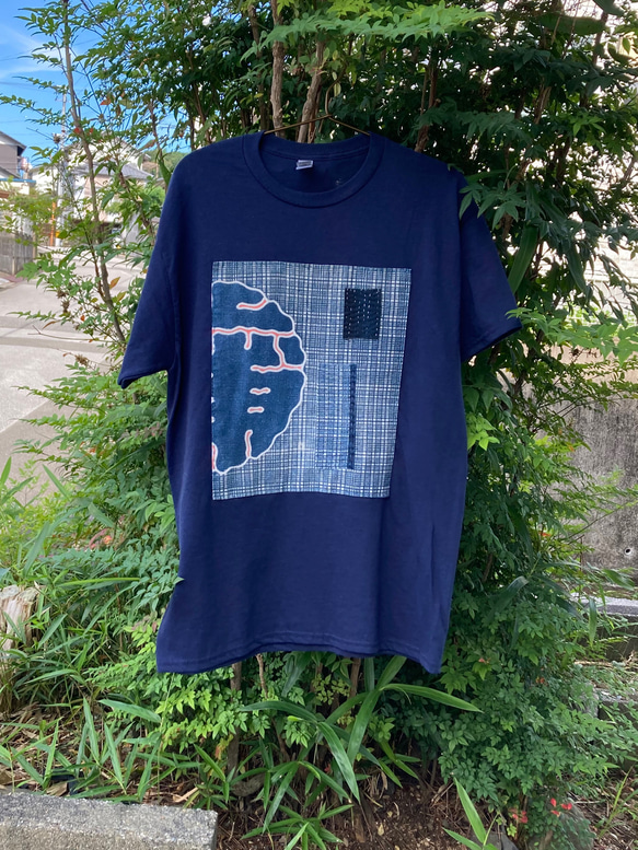 1985 size M 襤褸　リメイク　tシャツ 藍染め　藍染　筒描き　印半纏　古布　パッチワーク　刺し子　ヴィンテージ 1枚目の画像