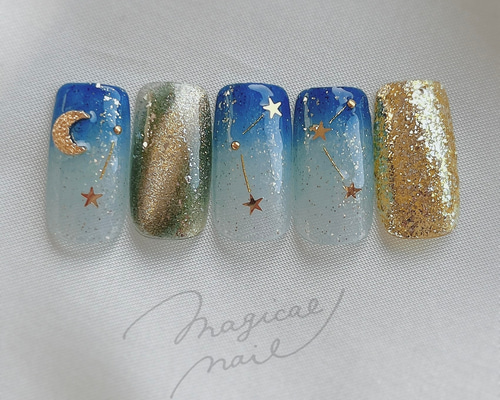 夜空withマグネットネイルチップ ゴールド ネイビー 水色