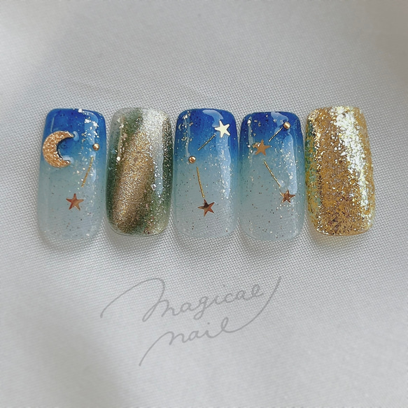 No.322　ネイルチップ　水色　白　バカラ　キラキラ　マグネット　星　夏　韓国 No.322 ネイルチップ 水色 白 バカラ キラキラ マグネット 星 夏
