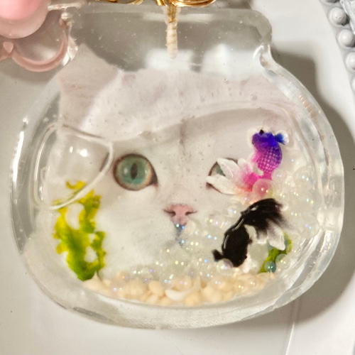 金魚を狙う猫ちゃんシェイカーキーホルダー キーリング fujiko 通販