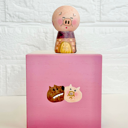 童話 三匹の豚【木箱付】小こけし。かわいい木製の動物人形
