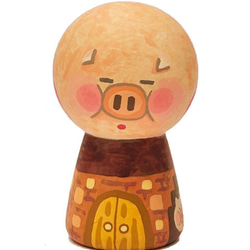 童話　三匹の豚【木箱と額入りイラスト付】小こけし。かわいい木製の動物人形。出産祝いやプレゼントに 1枚目の画像