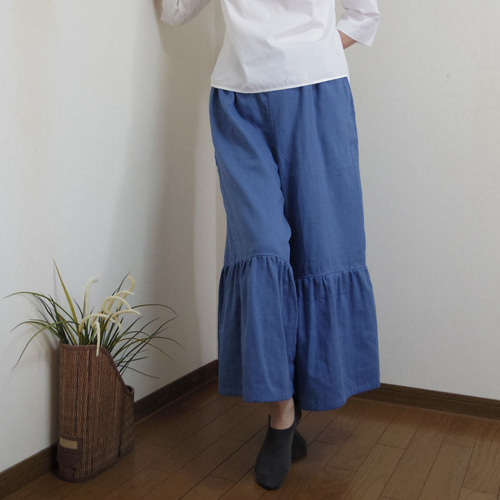 ふんわり涼しいダブルガーゼのティアードパンツ・ウルトラマリン 