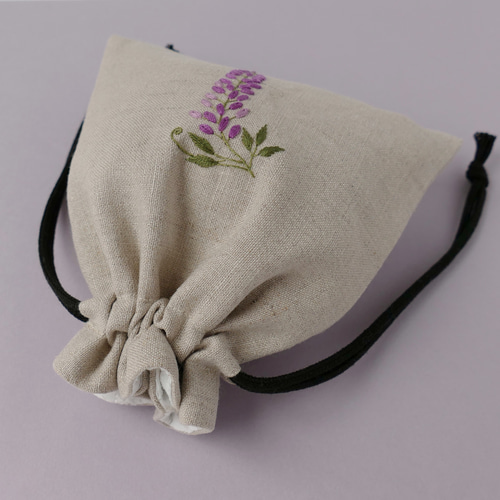 名入れ》藤の花＊リネンの手刺繍巾着ポーチ 巾着袋 ほころもり 通販