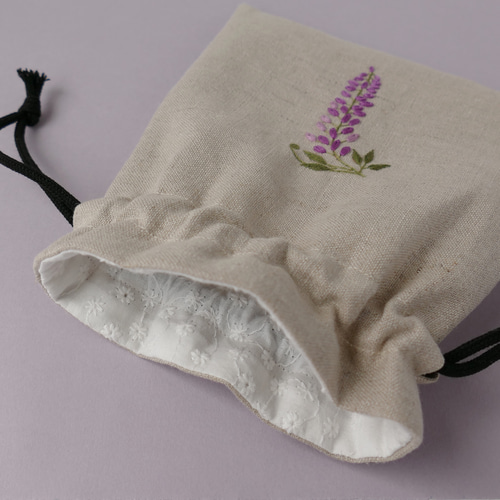 名入れ》藤の花＊リネンの手刺繍巾着ポーチ 巾着袋 ほころもり 通販