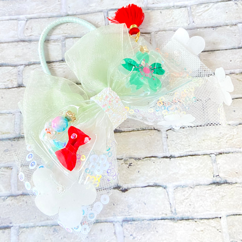 クリアチュールリボン（狐花タッセル/グリーン）for キッズ ヘアゴム