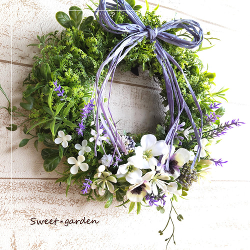 パープル＆ホワイトの優しくエレガントなリース（fw197-1）＊玄関ドア