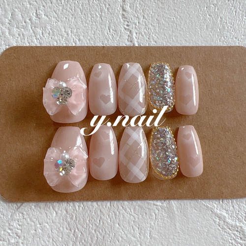 リボンネイル/チェックネイル/ガーリーネイル/韓国ネイル/ワンホン