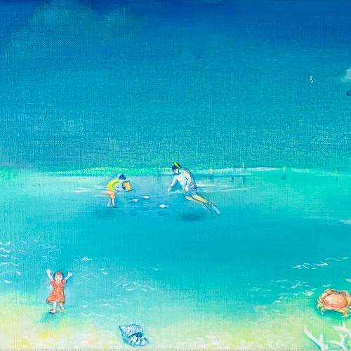 イルカの油絵 オレンジと青のグラデーション27✖️25 青い空と海で…＊手描きオーダーメイド油彩画＊水色の
