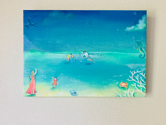 青い空と海で…＊手描きオーダーメイド油彩画＊水色のグラデーション絵画 1枚目の画像