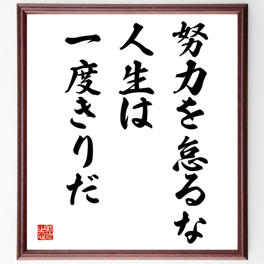 名言「努力を怠るな、人生は一度きりだ」手書き書道色紙額／受注後の毛筆直筆（V3977）