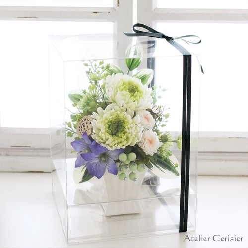 仏花　プリザーブドフラワーアレンジクリアケース入り　イエロー　輪菊　蘭　お供え花 輪菊の仏花 （プレアー Sサイズ）ホワイトグリーン お供え花