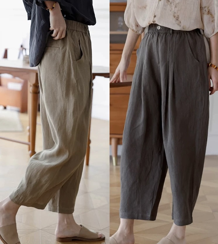 新2色【リネン/麻100%】クロップドパンツ　ウエストゴム　ポケット付き【春夏秋】ダークブラウン/カーキベージュ