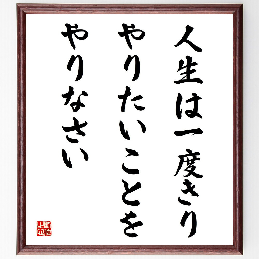 名言「人生は一度きり、やりたいことをやりなさい」手書き書道色紙額／受注後の毛筆直筆（V4108）