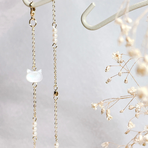 白蝶貝のかわいい猫ちゃん マスクチェーン&メガネチェーン マスク