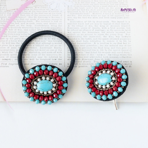 ビーズ刺繍 オーバル形 ターコイズ×赤 ヘアゴム ヘアゴム maplesound 