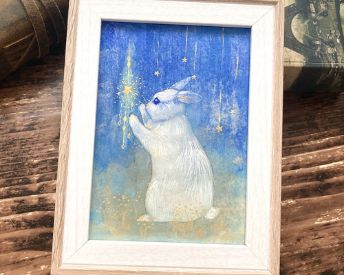 日本画『こぼれた星とうさぎ』 /原画 風景画 星 絵画 紫苑工房