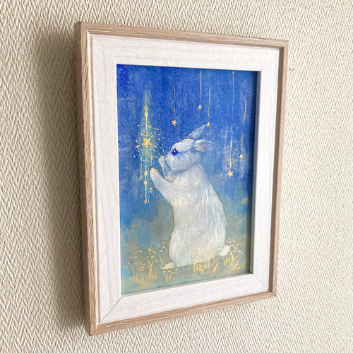 動物 原画 絵 手描き 癒し 猫 うさぎ 虹 一点物 額縁付『優しさを知っ