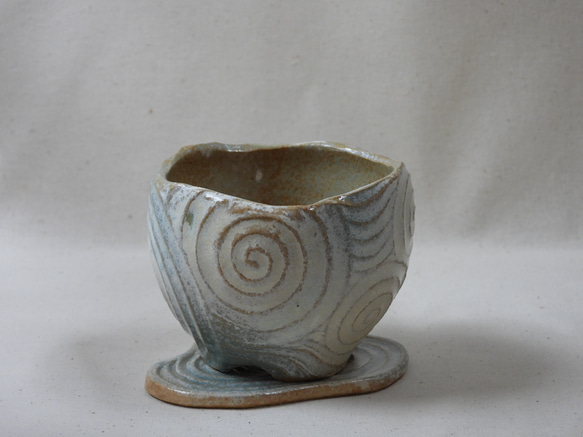 渦巻海色陶製植木鉢(1)皿付き 3枚目の画像