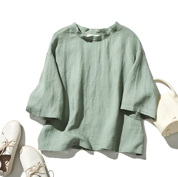 100% 亞麻落袖 3/4 袖襯衫寬鬆淺綠色 190702-4 第1張的照片