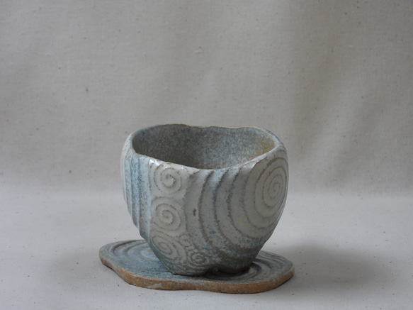 渦巻海色陶製植木鉢(3)皿付き 5枚目の画像