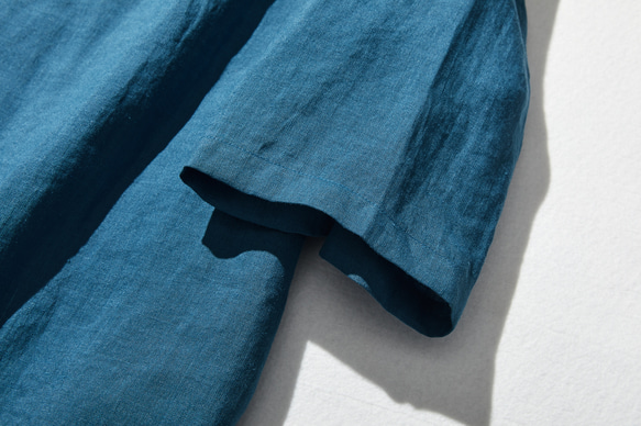 100% 亞麻落袖 3/4 袖襯衫寬鬆孔雀藍 190702-6 第3張的照片