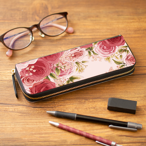 [眼鏡盒、眼鏡盒、筆盒、收納袋] 玫瑰園粉色 [花卉圖案] 第1張的照片