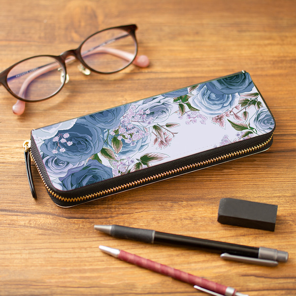 【眼鏡盒、眼鏡盒、筆盒、收納袋】玫瑰園藍【花卉圖案】 第1張的照片