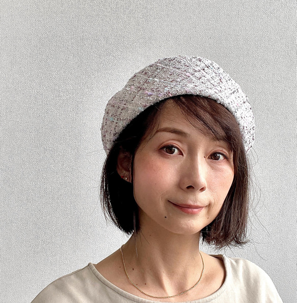 受注製作】サニーサークルベレー 白 ラメ ファンシーツイード