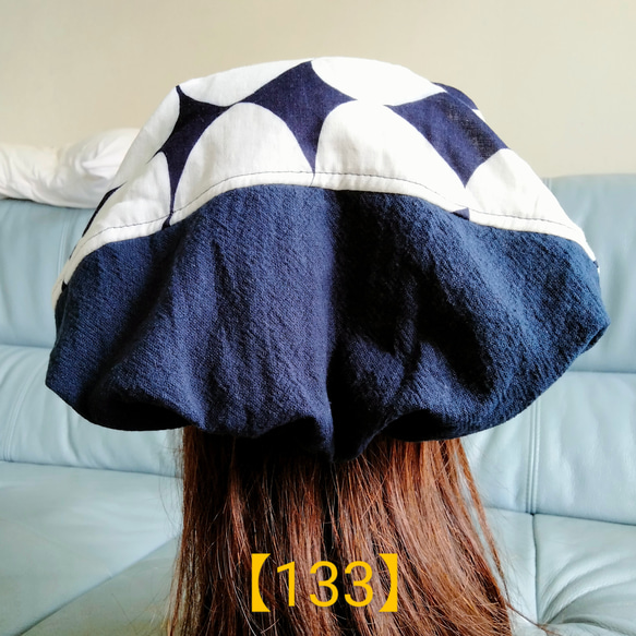 【133】医療帽子　ケア帽子　バンダナキャップ　室内帽子　治療帽子〈ネイビー　紺　ドット　スポット　&麻　リネン〉#新作 3枚目の画像