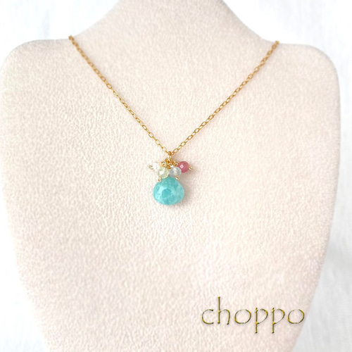 天然石アマゾナイトのネックレス 14kgf 夏 貝殻 海 青 ブルー 誕生石